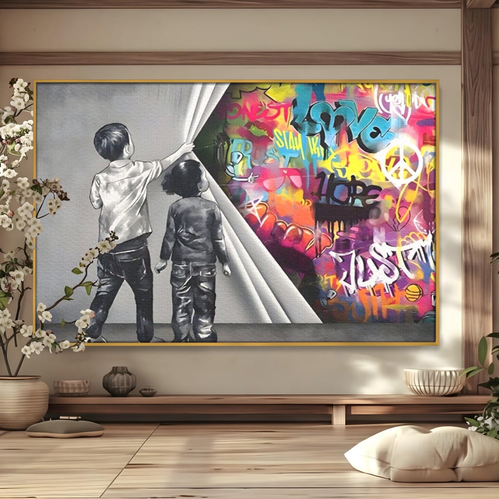 Tablou canvas cu tablou canvas cu copii si perete grafitti, in rama de aluminiu auriu